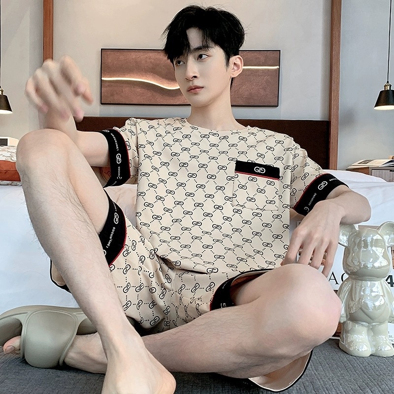Vasarinės vyriškos pižamos, vyriškos vasarinės medvilninės animacinių filmukų stiliaus pižamos, vidutinio ir didelio dydžio, vaikiškos, vasarinės, namų aprangos, trumpomis rankovėmis, jaunimo, korėjietiško stiliaus, plonos, trumpomis rankovėmis.