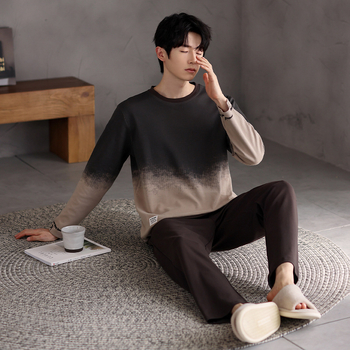 Vyriškas pavasario ir rudens medvilninis ilgomis rankovėmis dviejų dalių pižamos komplektas 2025 m. Naujas pavasario ir rudens dienos plius dydžio vyriški namų drabužiai