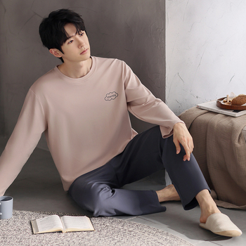 Vyriškas pavasario ir rudens medvilninis ilgomis rankovėmis dviejų dalių pižamos komplektas 2025 m. Naujas pavasario ir rudens dienos plius dydžio vyriški namų drabužiai