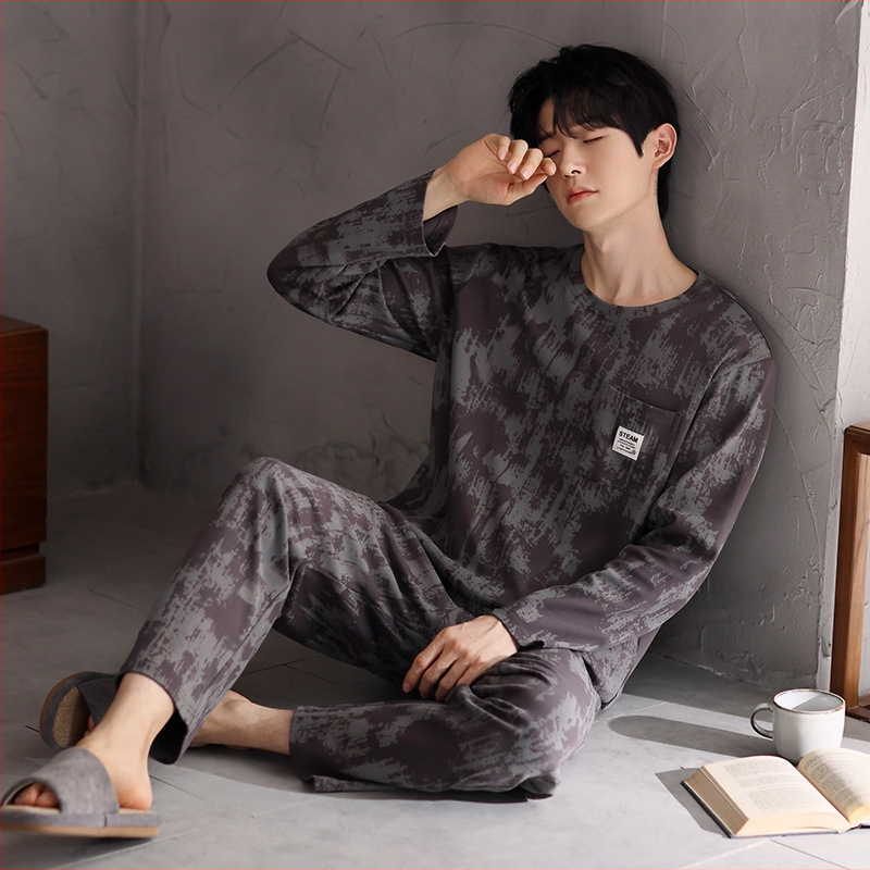 Vyriškas pavasario ir rudens medvilninis ilgomis rankovėmis dviejų dalių pižamos komplektas 2025 m. Naujas pavasario ir rudens dienos plius dydžio vyriški namų drabužiai