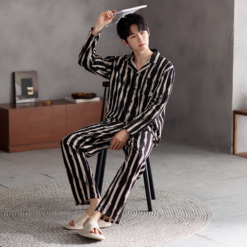 Vyriškas pavasario ir rudens medvilninis ilgomis rankovėmis dviejų dalių pižamos komplektas 2025 m. Naujas pavasario ir rudens dienos plius dydžio vyriški namų drabužiai