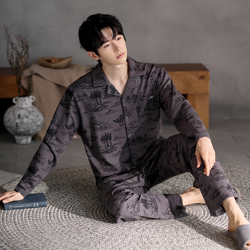 Vyriškas pavasario ir rudens medvilninis ilgomis rankovėmis dviejų dalių pižamos komplektas 2025 m. Naujas pavasario ir rudens dienos plius dydžio vyriški namų drabužiai