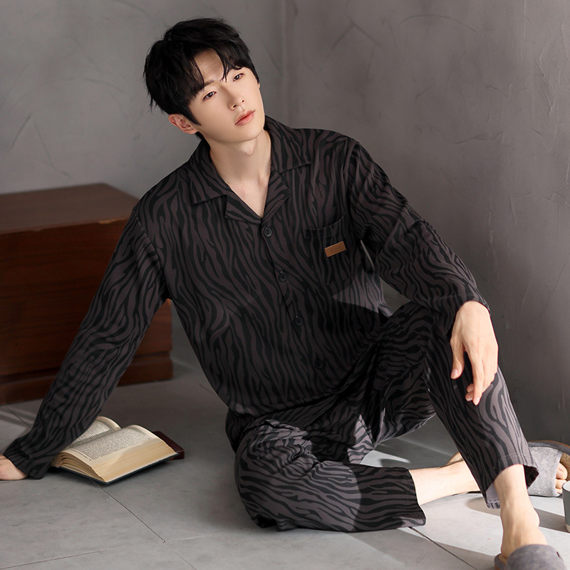 Vyriškas pavasario ir rudens medvilninis ilgomis rankovėmis dviejų dalių pižamos komplektas 2025 m. Naujas pavasario ir rudens dienos plius dydžio vyriški namų drabužiai
