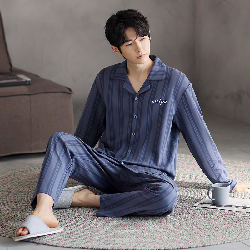 Vyriškas pavasario ir rudens medvilninis ilgomis rankovėmis dviejų dalių pižamos komplektas 2025 m. Naujas pavasario ir rudens dienos plius dydžio vyriški namų drabužiai