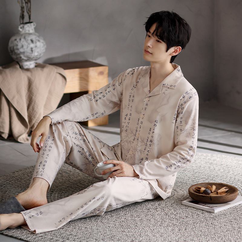Vyriškas pavasario ir rudens medvilninis ilgomis rankovėmis dviejų dalių pižamos komplektas 2025 m. Naujas pavasario ir rudens dienos plius dydžio vyriški namų drabužiai
