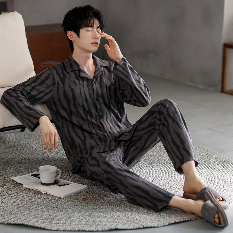 Vyriškas pavasario ir rudens medvilninis ilgomis rankovėmis dviejų dalių pižamos komplektas 2025 m. Naujas pavasario ir rudens dienos plius dydžio vyriški namų drabužiai