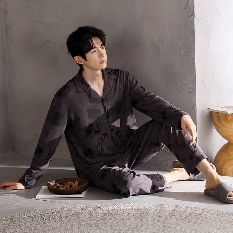 Vyriškas pavasario ir rudens medvilninis ilgomis rankovėmis dviejų dalių pižamos komplektas 2025 m. Naujas pavasario ir rudens dienos plius dydžio vyriški namų drabužiai