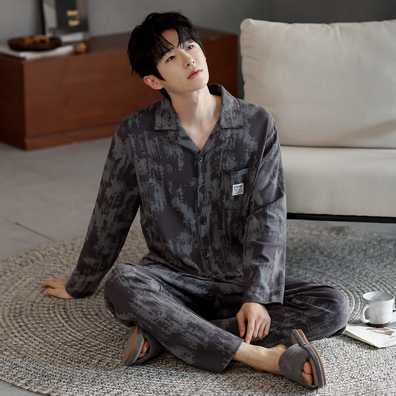 Vyriškas pavasario ir rudens medvilninis ilgomis rankovėmis dviejų dalių pižamos komplektas 2025 m. Naujas pavasario ir rudens dienos plius dydžio vyriški namų drabužiai