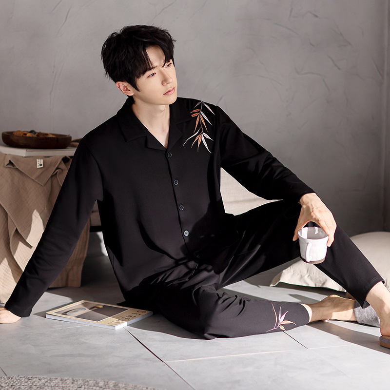 Vyriškas pavasario ir rudens medvilninis ilgomis rankovėmis dviejų dalių pižamos komplektas 2025 m. Naujas pavasario ir rudens dienos plius dydžio vyriški namų drabužiai