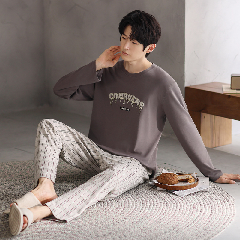Vyriškas pavasario ir rudens medvilninis ilgomis rankovėmis dviejų dalių pižamos komplektas 2025 m. Naujas pavasario ir rudens dienos plius dydžio vyriški namų drabužiai
