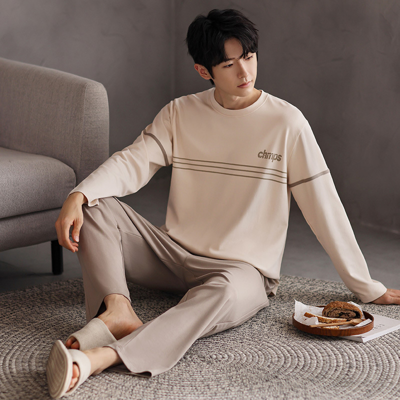 Vyriškas pavasario ir rudens medvilninis ilgomis rankovėmis dviejų dalių pižamos komplektas 2025 m. Naujas pavasario ir rudens dienos plius dydžio vyriški namų drabužiai
