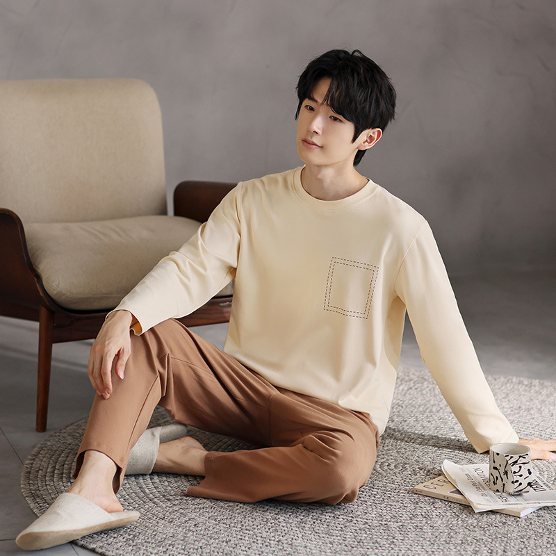 Vyriškas pavasario ir rudens medvilninis ilgomis rankovėmis dviejų dalių pižamos komplektas 2025 m. Naujas pavasario ir rudens dienos plius dydžio vyriški namų drabužiai
