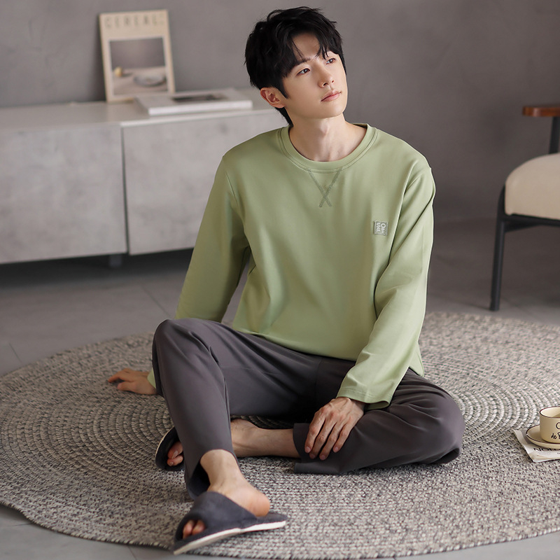 Vyriškas pavasario ir rudens medvilninis ilgomis rankovėmis dviejų dalių pižamos komplektas 2025 m. Naujas pavasario ir rudens dienos plius dydžio vyriški namų drabužiai