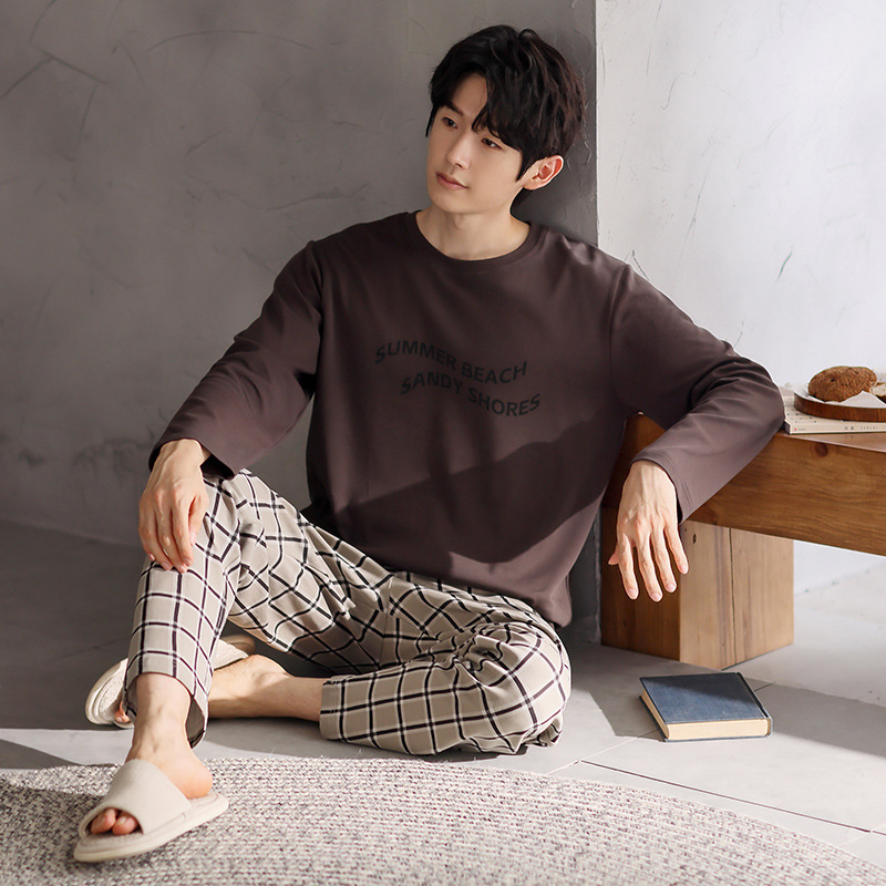 Vyriškas pavasario ir rudens medvilninis ilgomis rankovėmis dviejų dalių pižamos komplektas 2025 m. Naujas pavasario ir rudens dienos plius dydžio vyriški namų drabužiai