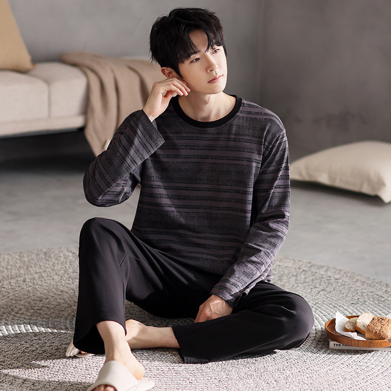 Vyriškas pavasario ir rudens medvilninis ilgomis rankovėmis dviejų dalių pižamos komplektas 2025 m. Naujas pavasario ir rudens dienos plius dydžio vyriški namų drabužiai