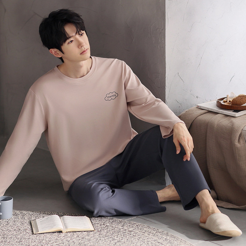 Vyriškas pavasario ir rudens medvilninis ilgomis rankovėmis dviejų dalių pižamos komplektas 2025 m. Naujas pavasario ir rudens dienos plius dydžio vyriški namų drabužiai