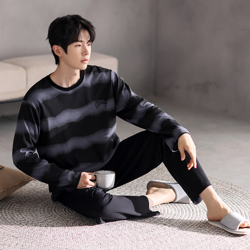 Vyriškas pavasario ir rudens medvilninis ilgomis rankovėmis dviejų dalių pižamos komplektas 2025 m. Naujas pavasario ir rudens dienos plius dydžio vyriški namų drabužiai
