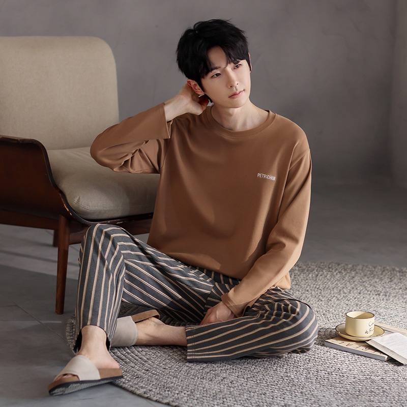 Vyriškas pavasario ir rudens medvilninis ilgomis rankovėmis dviejų dalių pižamos komplektas 2025 m. Naujas pavasario ir rudens dienos plius dydžio vyriški namų drabužiai