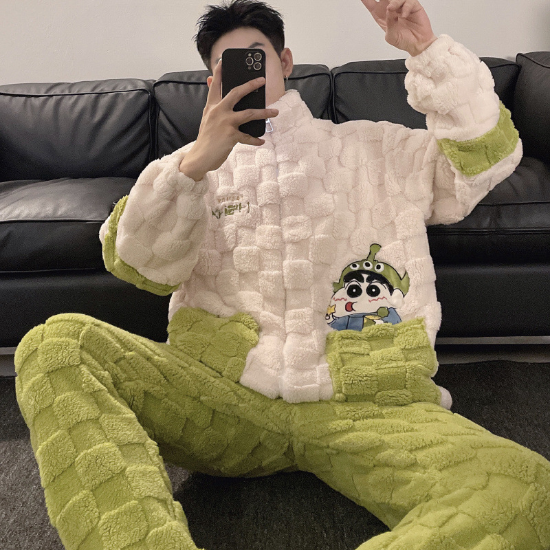 2024 m. rudens ir žiemos pižamos, vyriški namų drabužiai, koralinės vilnos pamušalas, sustorintas vyriškas kostiumas, šiltas ir patogus flanelinis audinys