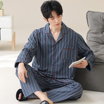 Pavasarinės kvadratinės apykaklės atlapo megztinis ilgomis rankovėmis vyriškos pižamos dryžuotos languotos kasdienės plius dydžio jaunimo namų drabužiai vyrams
