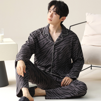 Pavasarinės kvadratinės apykaklės atlapo megztinis ilgomis rankovėmis vyriškos pižamos dryžuotos languotos kasdienės plius dydžio jaunimo namų drabužiai vyrams