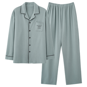 Pavasarinės kvadratinės apykaklės atlapo megztinis ilgomis rankovėmis vyriškos pižamos dryžuotos languotos kasdienės plius dydžio jaunimo namų drabužiai vyrams