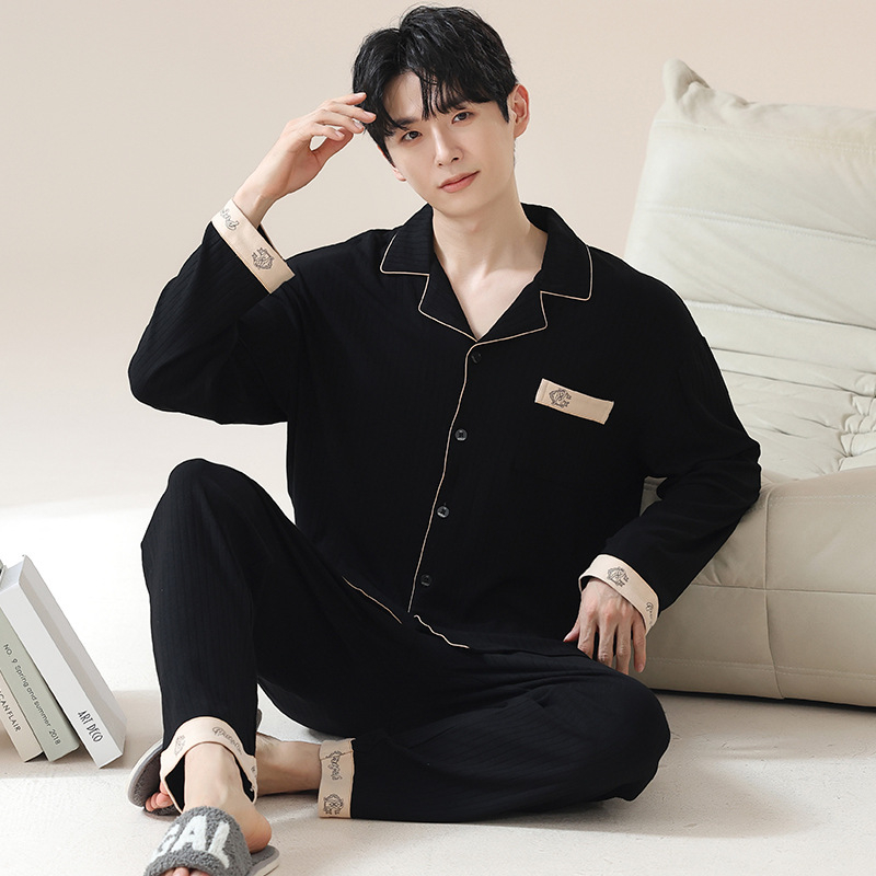 Pavasarinės kvadratinės apykaklės atlapo megztinis ilgomis rankovėmis vyriškos pižamos dryžuotos languotos kasdienės plius dydžio jaunimo namų drabužiai vyrams