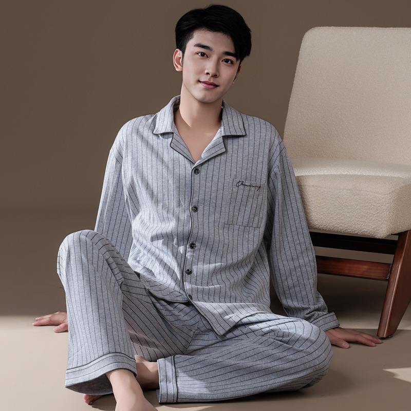Pavasarinės kvadratinės apykaklės atlapo megztinis ilgomis rankovėmis vyriškos pižamos dryžuotos languotos kasdienės plius dydžio jaunimo namų drabužiai vyrams
