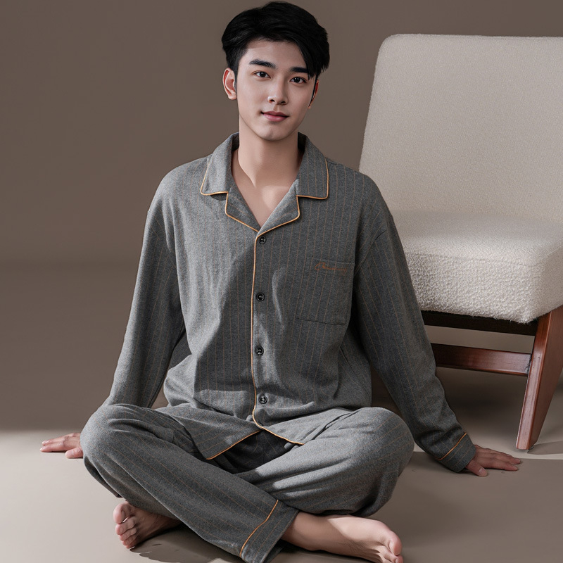 Pavasarinės kvadratinės apykaklės atlapo megztinis ilgomis rankovėmis vyriškos pižamos dryžuotos languotos kasdienės plius dydžio jaunimo namų drabužiai vyrams
