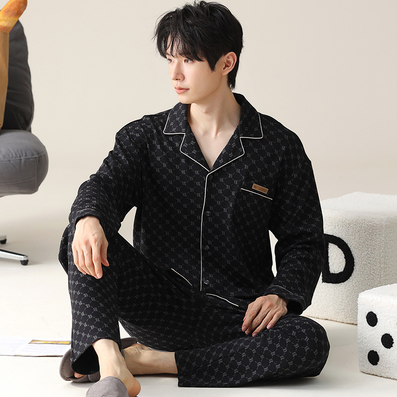 Pavasarinės kvadratinės apykaklės atlapo megztinis ilgomis rankovėmis vyriškos pižamos dryžuotos languotos kasdienės plius dydžio jaunimo namų drabužiai vyrams