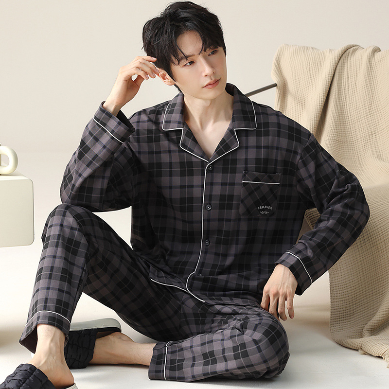 Pavasarinės kvadratinės apykaklės atlapo megztinis ilgomis rankovėmis vyriškos pižamos dryžuotos languotos kasdienės plius dydžio jaunimo namų drabužiai vyrams