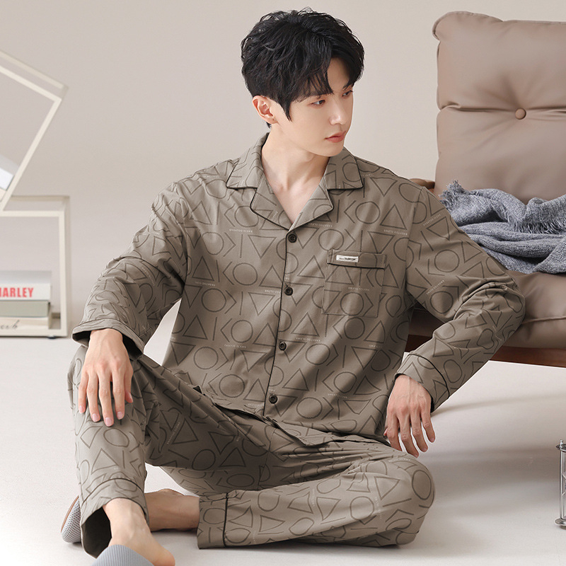 Pavasarinės kvadratinės apykaklės atlapo megztinis ilgomis rankovėmis vyriškos pižamos dryžuotos languotos kasdienės plius dydžio jaunimo namų drabužiai vyrams