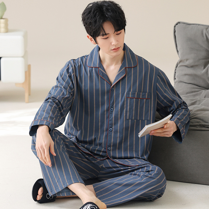 Pavasarinės kvadratinės apykaklės atlapo megztinis ilgomis rankovėmis vyriškos pižamos dryžuotos languotos kasdienės plius dydžio jaunimo namų drabužiai vyrams