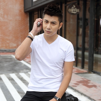 Ljetna odjeća, teška jednobojna majica kratkih rukava s V izrezom, muška odjeća s pola rukava, bijela kartica plime