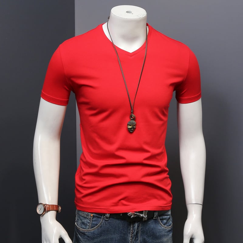 Ljetna odjeća, teška jednobojna majica kratkih rukava s V izrezom, muška odjeća s pola rukava, bijela kartica plime