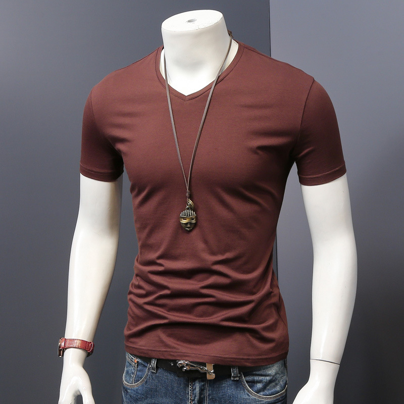 Ljetna odjeća, teška jednobojna majica kratkih rukava s V izrezom, muška odjeća s pola rukava, bijela kartica plime