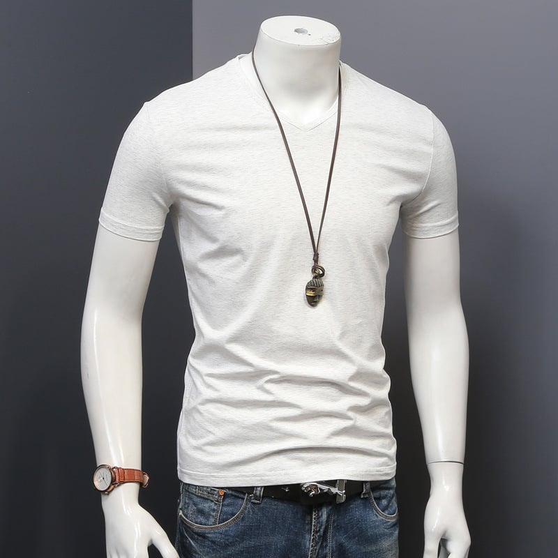 Ljetna odjeća, teška jednobojna majica kratkih rukava s V izrezom, muška odjeća s pola rukava, bijela kartica plime