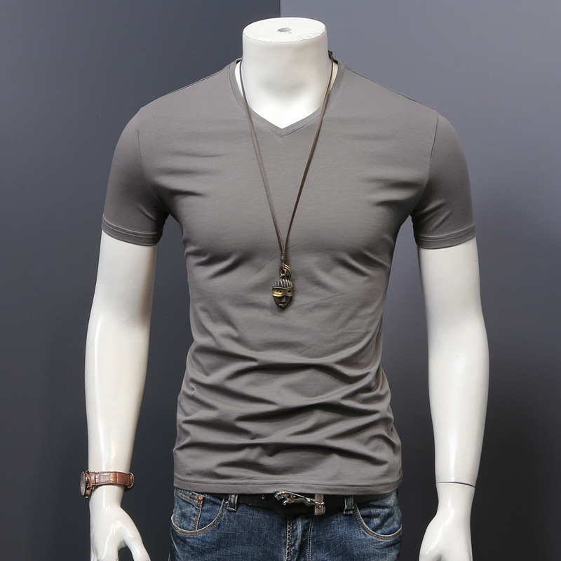 Ljetna odjeća, teška jednobojna majica kratkih rukava s V izrezom, muška odjeća s pola rukava, bijela kartica plime
