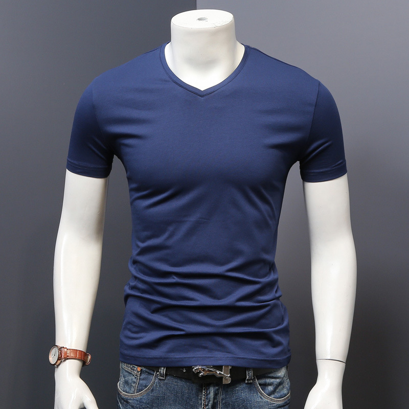 Ljetna odjeća, teška jednobojna majica kratkih rukava s V izrezom, muška odjeća s pola rukava, bijela kartica plime