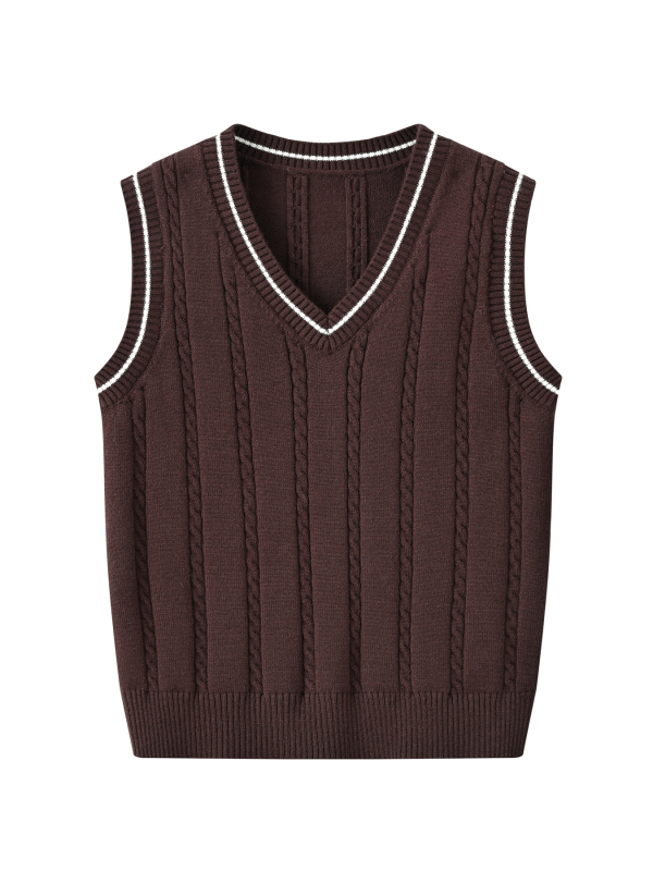 Jesenski i zimski novi pleteni odjevni predmeti s V izrezom za muškarce i žene, djecu srednje i starije dobi, veleprodaja pletenih topova bez rukava u preppy modi s uzorkom konoplje