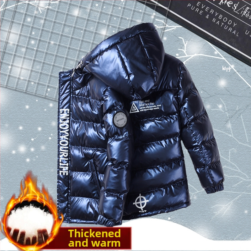 Палто за момчета с памучна ватировка 2023, ново, ярко повърхностно, удебелено, топло, с качулка, памучно ватирано палто за средни и големи размери, модна марка