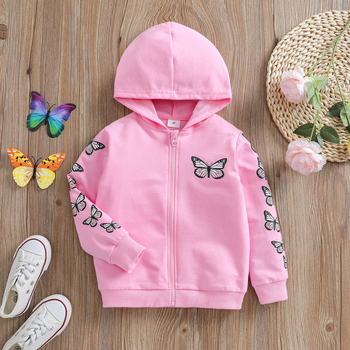 Kevad- ja sügisene väikese ja keskmise suurusega tüdrukute kapuutsiga kampsun, beebitüdruku liblikprindiga lukuga särk, roosa puhtast puuvillast riided