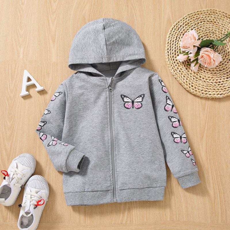 Kevad- ja sügisene väikese ja keskmise suurusega tüdrukute kapuutsiga kampsun, beebitüdruku liblikprindiga lukuga särk, roosa puhtast puuvillast riided