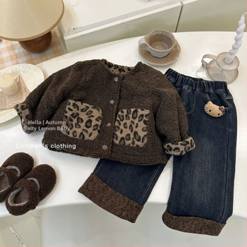 Φθινοπωρινό και Χειμερινό Φόρμα 2024 για Κορίτσια, Νέο Παιδικό Τζιν από Βελούδο με Επένδυση από Φλις και Χοντρό Λεοπάρ Φούτερ για Κορίτσια
