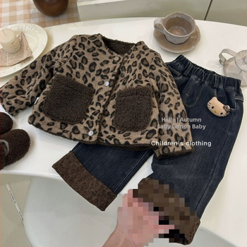 Φθινοπωρινό και Χειμερινό Φόρμα 2024 για Κορίτσια, Νέο Παιδικό Τζιν από Βελούδο με Επένδυση από Φλις και Χοντρό Λεοπάρ Φούτερ για Κορίτσια