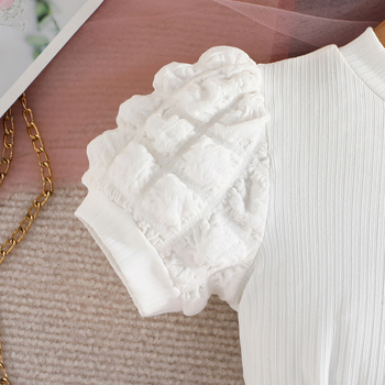 Αποκλειστικό σε διασυνοριακές αγορές - νέο, ευρωπαϊκό και αμερικανικό κοριτσίστικο πουκάμισο με κοντομάνικα και φούσκα + σορτς με φιόγκο, κομψό, μοντέρνο κοστούμι