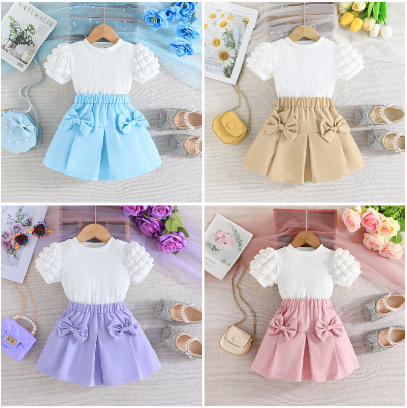 Ekskluzivno za prekograničnu prodaju - nova europska i američka djevojačka majica kratkih rukava s mjehurićima + kratke hlače s mašnom, slatko modno odijelo