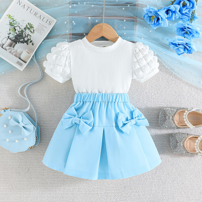 Ekskluzivno za prekograničnu prodaju - nova europska i američka djevojačka majica kratkih rukava s mjehurićima + kratke hlače s mašnom, slatko modno odijelo