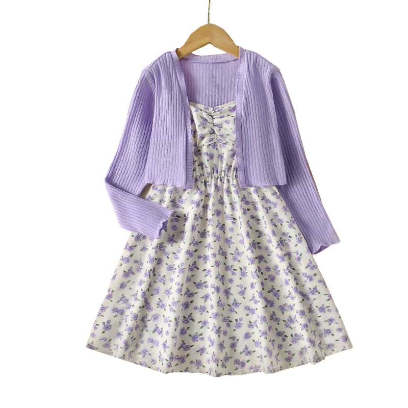 Set de cardigan Cross-Border cu mânecă lungă și cardigan cu imprimeu și mâneci bufante, culoare uni, model Cross-Border pentru fete