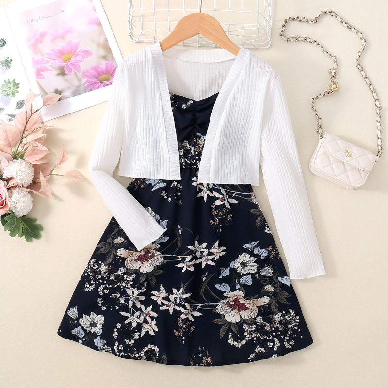 Set de cardigan Cross-Border cu mânecă lungă și cardigan cu imprimeu și mâneci bufante, culoare uni, model Cross-Border pentru fete